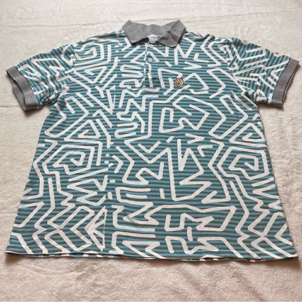 OFWGKTA White, Blue Tan Short Sleeve Polo Shirt Size Large